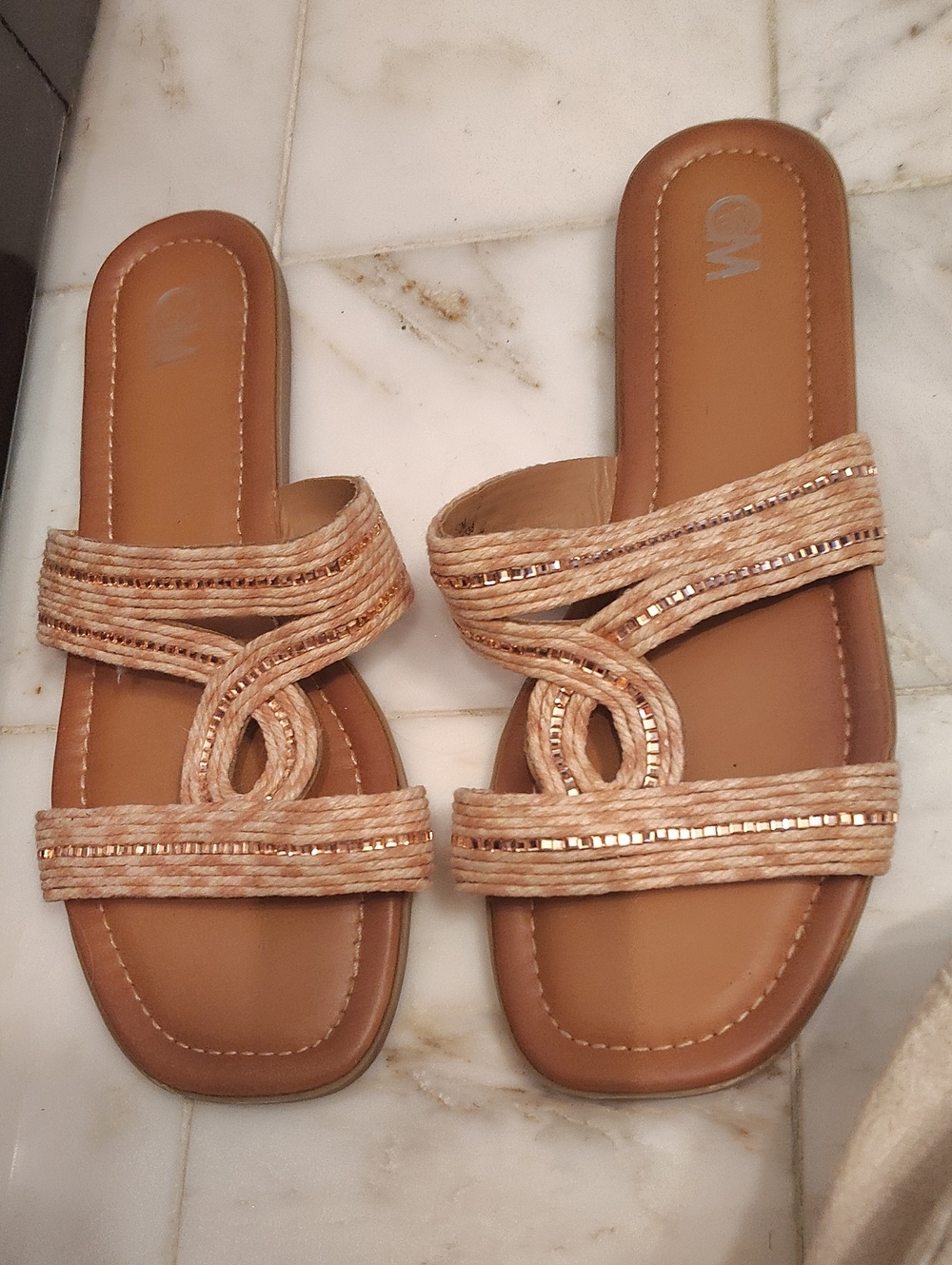 Woven Dusty Rose Slide Sandals with Metallic Accents - Women